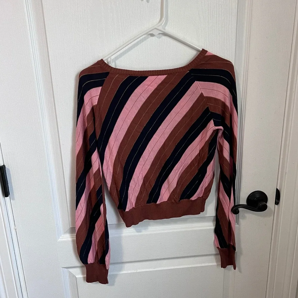 Foxiedox Womens Pink Brown Striped Metallic Lurex Knit Cropped‎ Sweater Size M